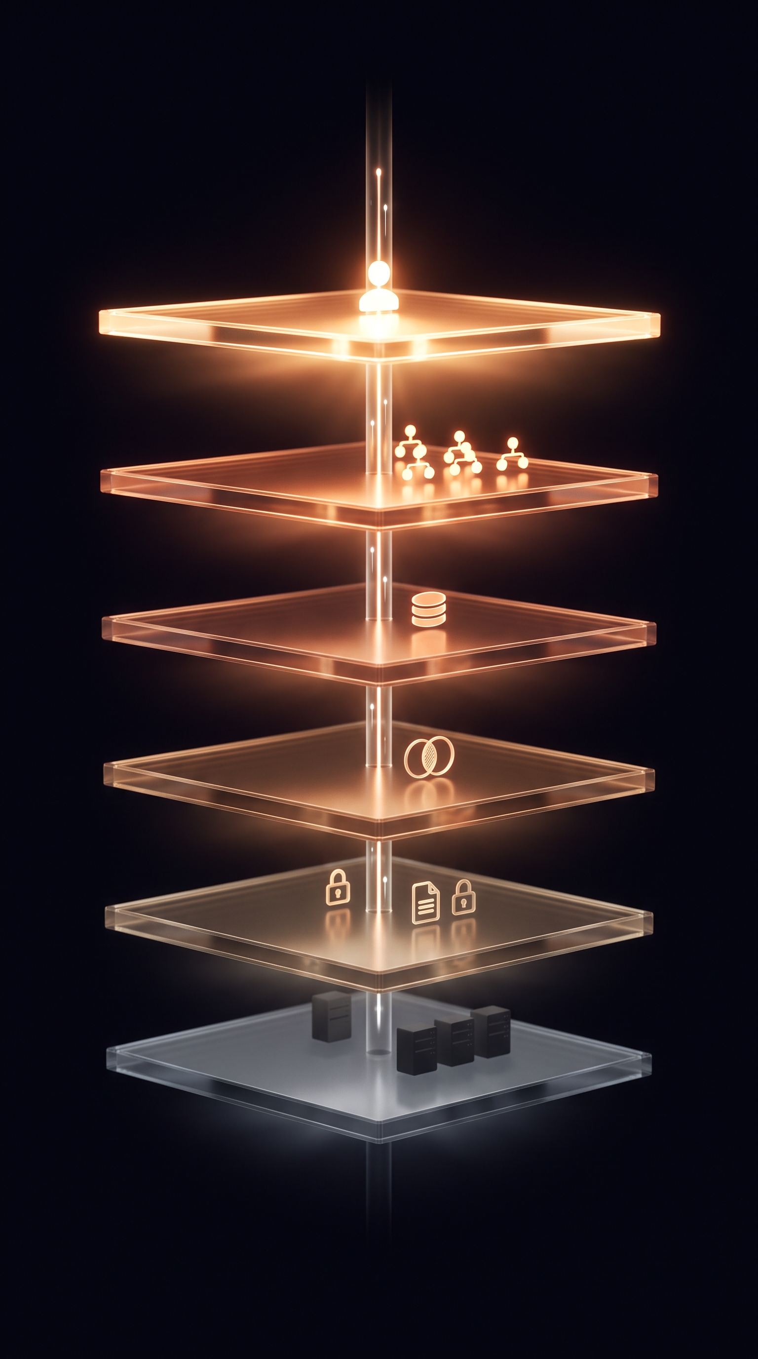 Six glowing platforms stacked vertically, warming from cold infrastructure at the base to a bright human figure at the top, connected by a single spine of light