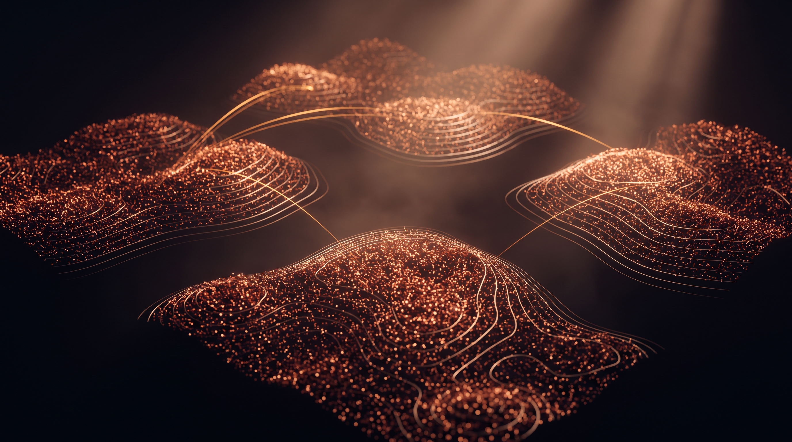 An aerial view of glowing knowledge terrain &mdash; distinct regions of institutional knowledge connected by long arcing threads of light, spanning departments and sectors