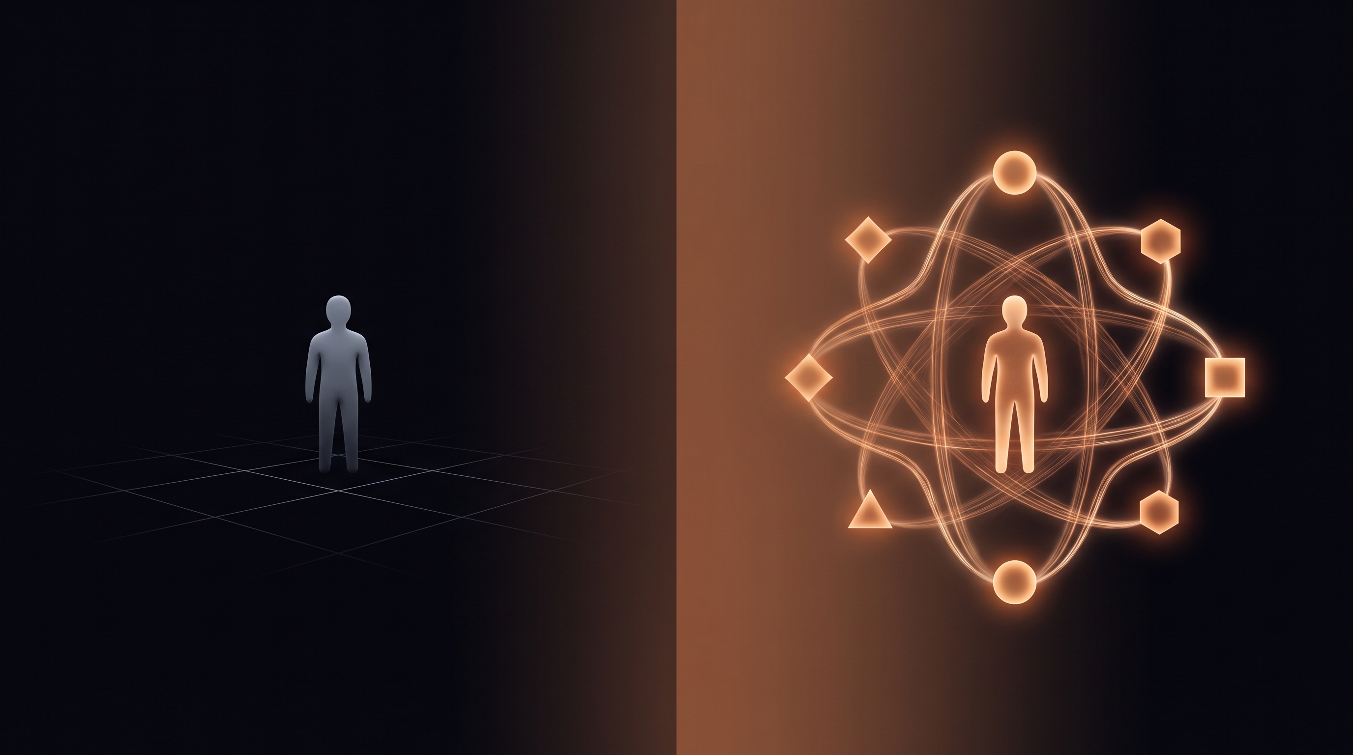 A lone, dim figure standing isolated on the left, transforming into the same figure glowing warmly at the centre of a five-node agent network on the right